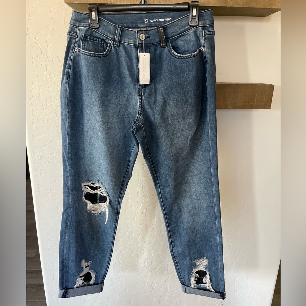 New York & Company| Curvy Boyfriend Jeans, Distressed with Plaid Underneath•••